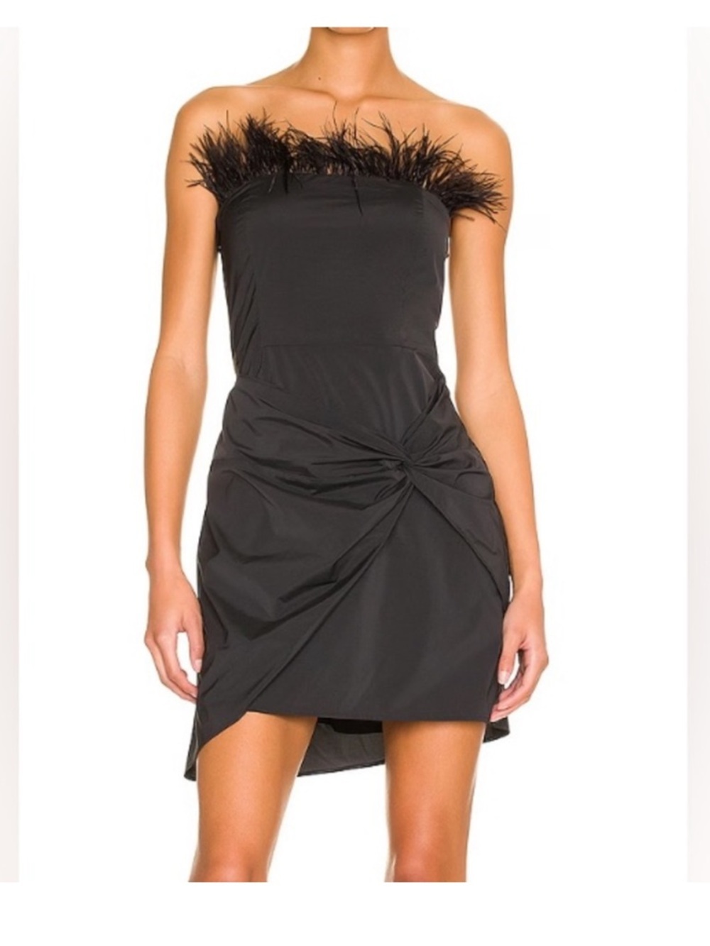 MAJORELLE Black Feather-Trim Strapless Knot Mini Dress Size M